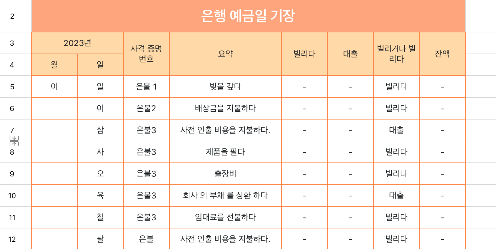 은행 예금일 기장